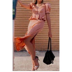 Danielle Bernstein Women's Peplum Puff-Sleeve Midi Satin Slit Dress Cork Size 2